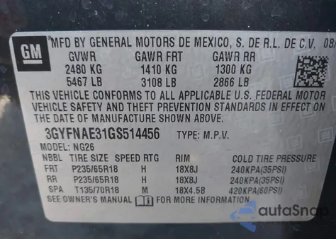 2016 Cadillac Srx Standard z USA, uszkodzony, nr VIN 3GYFNAE31GS514456